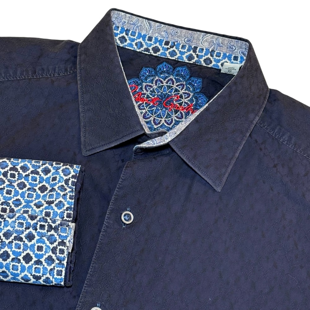 Robert Graham Button Down Shirt Navy Long Sleeve Geometric Classic Fit Men's L